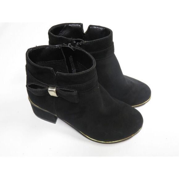 Children’s Place Faux Black Suede Dress Ankle Booties Zip Bow Heel Girls 12 - Picture 1 of 9